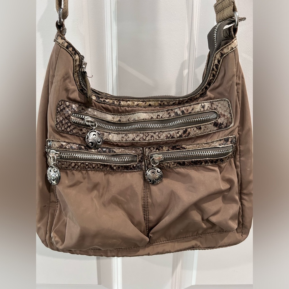 Brighton Taupe Nylon Messenger Bag with Silver Hardware